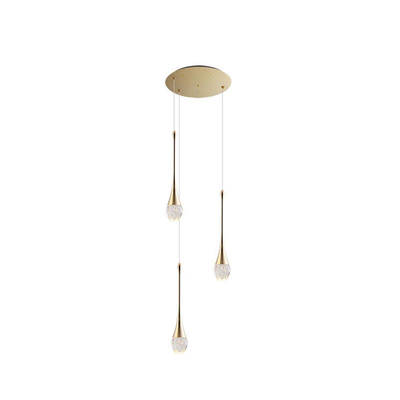 Modern Brass Crystal Hanging Light Long LED Cone Cascade Pendant Lights for Stairwell