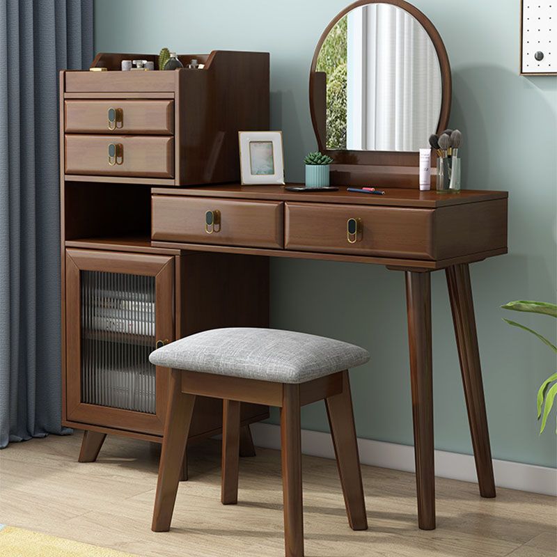 Wood Vanity Set with Stool and Mirror 4 Drawers Dresser Modern Style