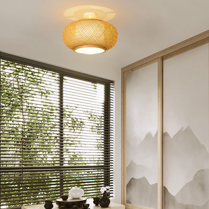 Luminaire rond en bambou pour montage au plafond, semi-encastré beige d'Asie
