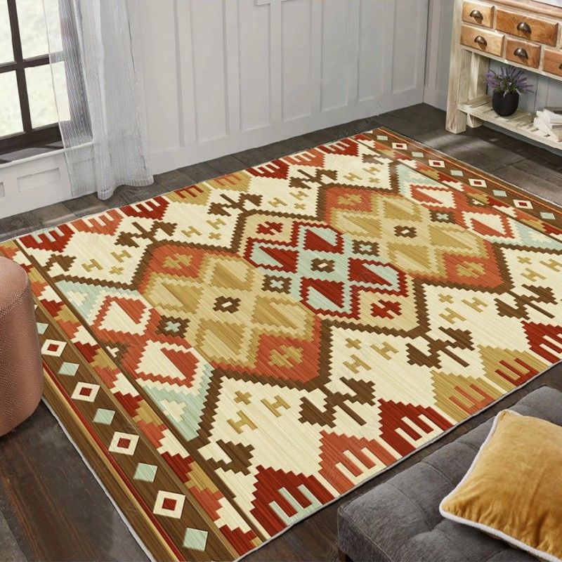 Multicolor Carpet Retro Tribal Symbols Area Rug Polyester Home Decor Rug with Anti-Slip Backing