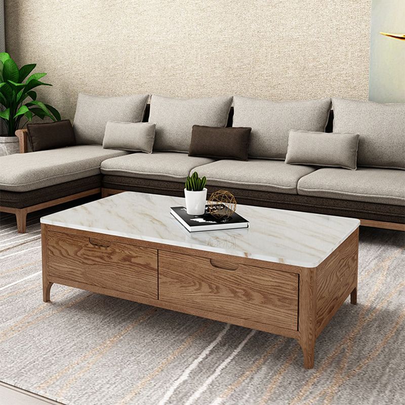 Solid Wood 4 Legs Coffee Table with Storage Drawers Marble Top