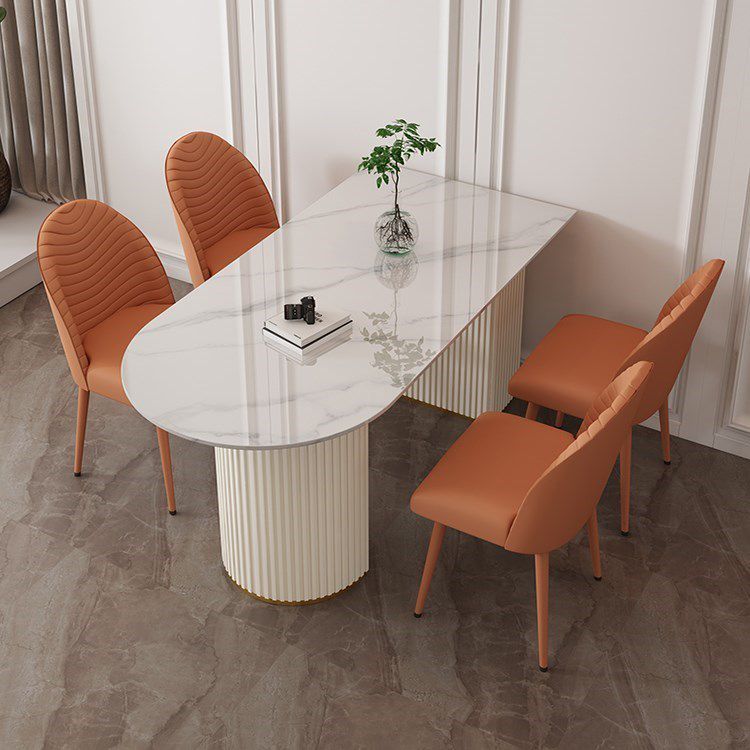 Contemporary Dining Table Stone Dining Table in White with Double Pedestal