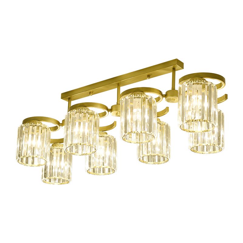 Brass Finish Semi Flush Light Simple Style Crystal Cylindrical Ceiling Mount Light for Living Room