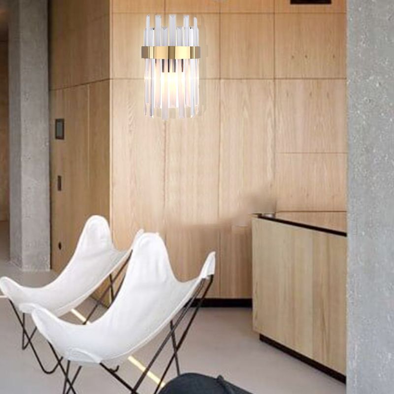 2 Heads Bedroom Wall Light Postmodern Black/Gold Sconce Light Fixture with Half-Cylinder Three Side Crystal Rod Shade