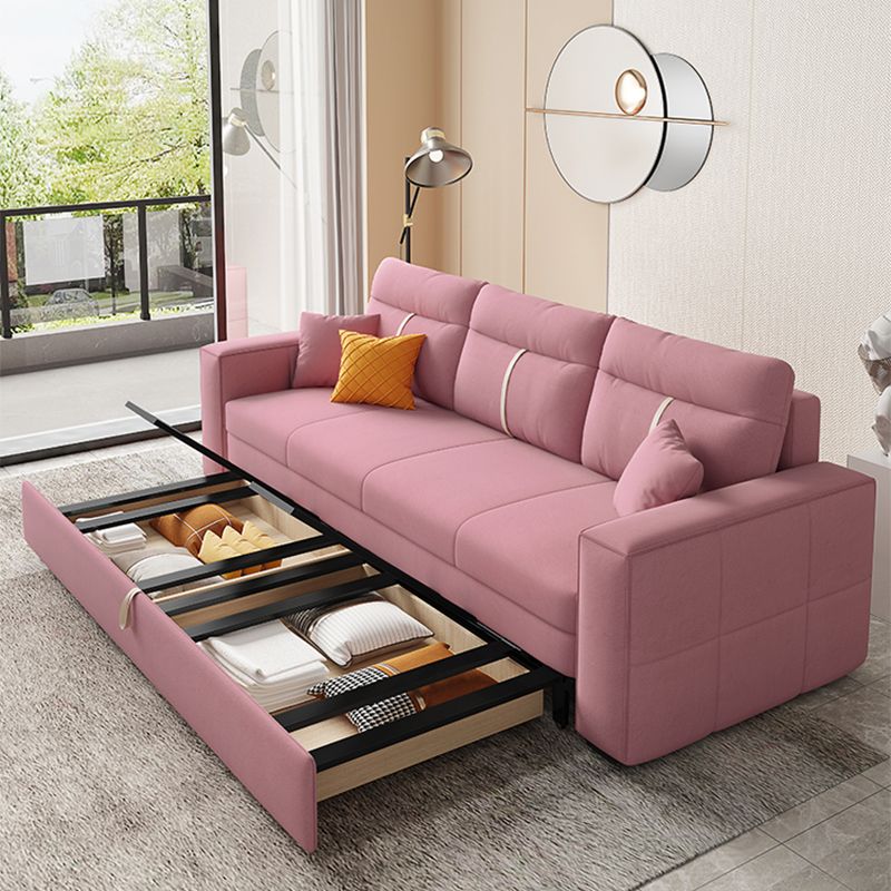 Storage Fabric Sofa Bed in Pink with Pillow Back and Square Arms