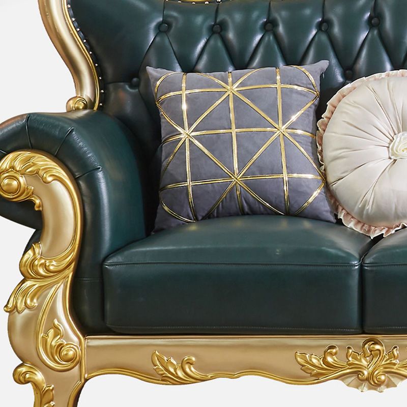 Tufted Split-Back Sofa Green Genuine Leather Rolled Arm Sofa with Nailhead