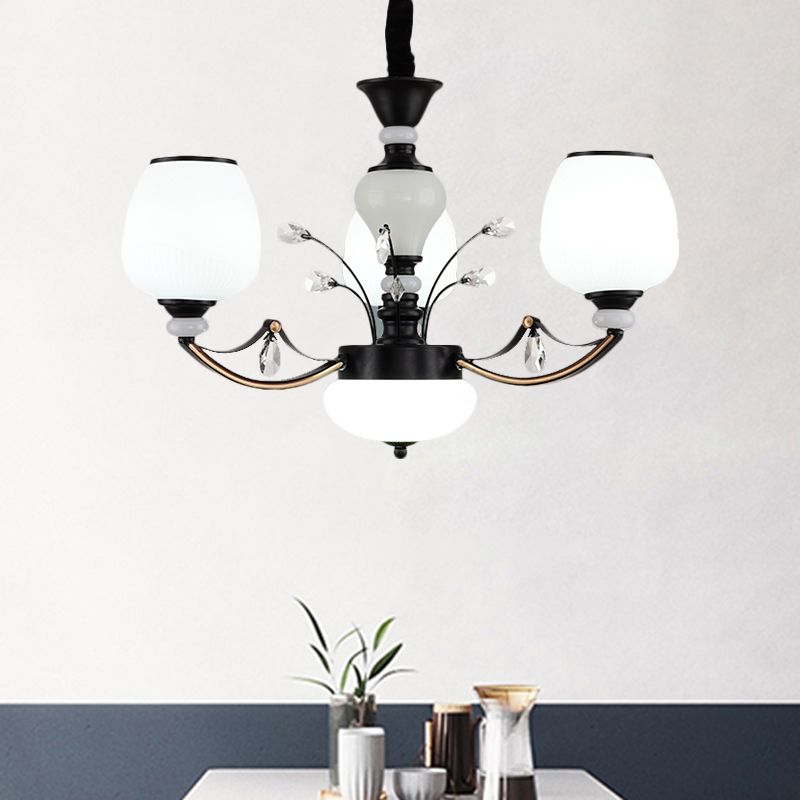 Black 3/6/8-Head Ceiling Chandelier Countryside Style Cream Glass Barrel Shade Suspension Pendant Light