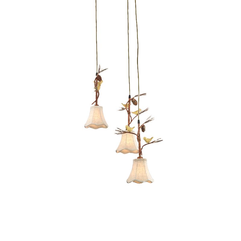 Flaxen 3/5 teste cluster a sospensione Light Country Fabric Sussion Lampada con uccello e Pinecone Deco