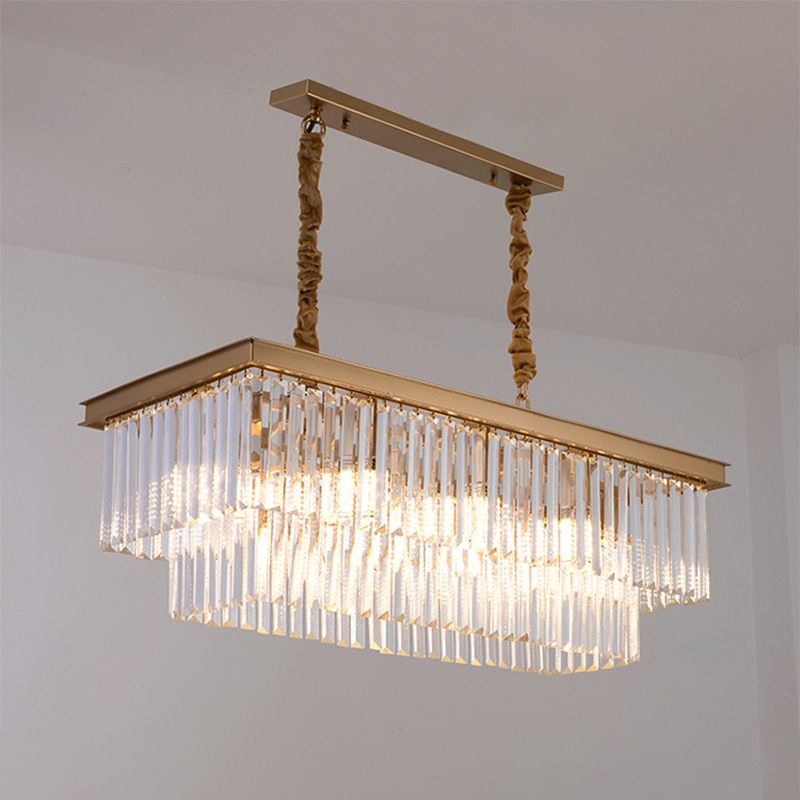 8 Bulbs Island Lamp Country Dining Room Hanging Light Kit with Rectangle Faceted Crystal Shade