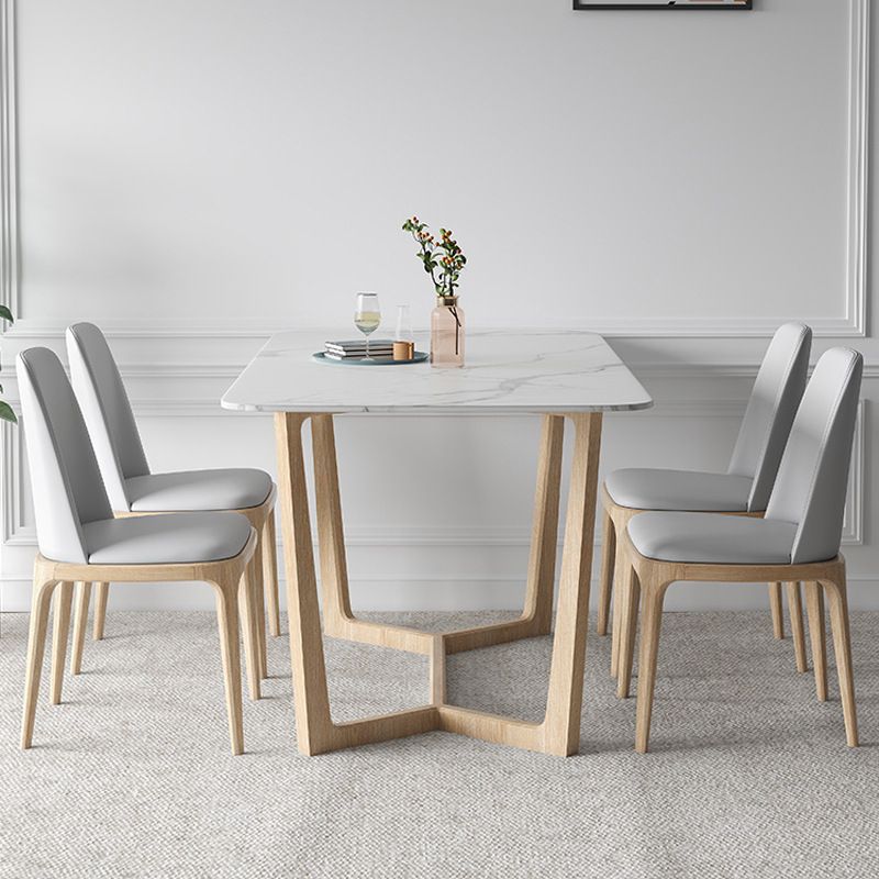 Contemporary Dining Table Set with Solid Wood Table and PU Leather Chairs