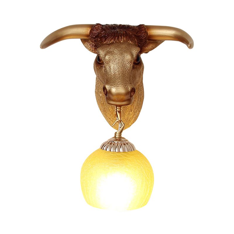 1-Head Resin Wall Light Fixture Country Gold Ox Head Wall Mounted Lamp with Ball Crackle Glass Shade