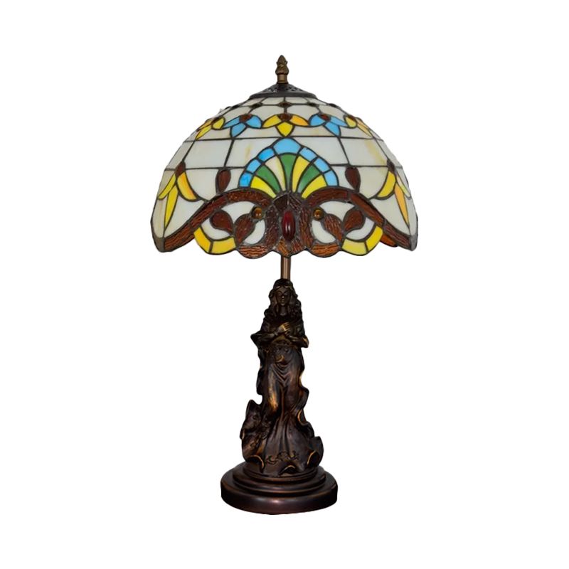 Beige/Blue Stained Glass Dome Table Light Tiffany Style 1 Bulb Bronze Nightstand Lamp with Angel Decoration