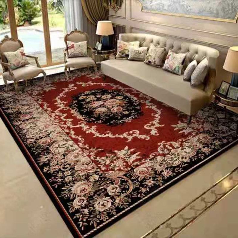 Red Retro Carpet Polyester Flower Carpet Washable Carpet for Home Decoration