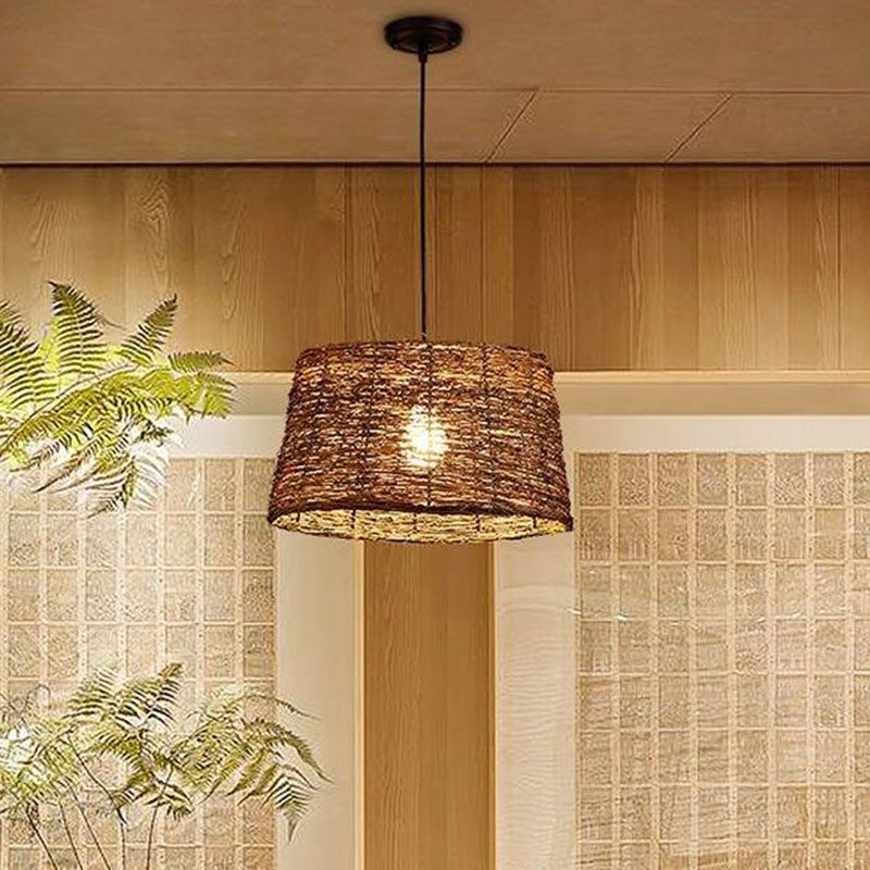 Brown Geometry Suspension Lamp Rustic Single Rattan Hanging Pendant Light for Living Room