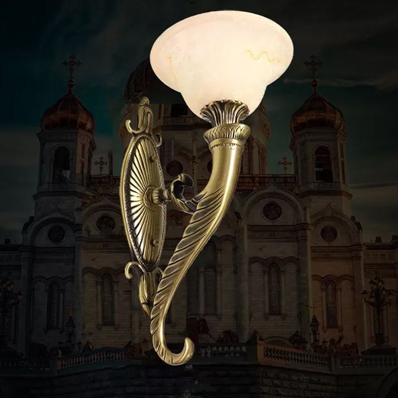 Bronze Scroll Arm Wall Lamp Traditional Metal 1 Bulb Kitchen Wall Mount Light with Bell White Glass Shade