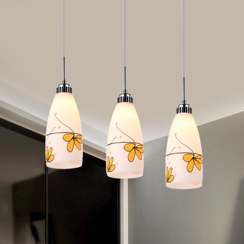 3-Bulb Cone Multiple Hanging Lamp Minimalism Black/Yellow/Blue Printing Glass Pendulum Lamp with Linear/Round Canopy