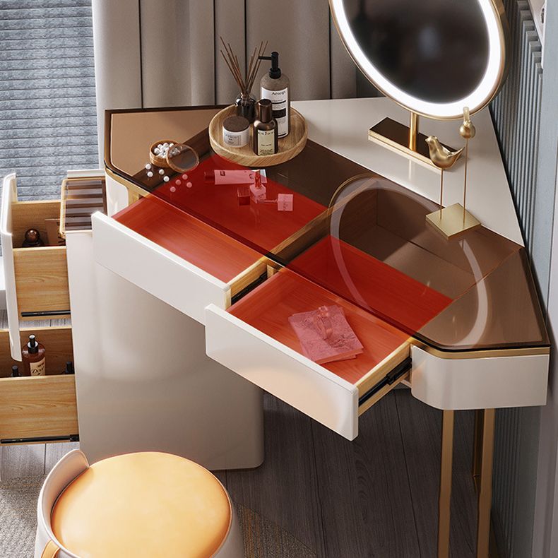 Mirrored Vanity Table and Stool Set 4 Drawers Glass Top Vanity Desk