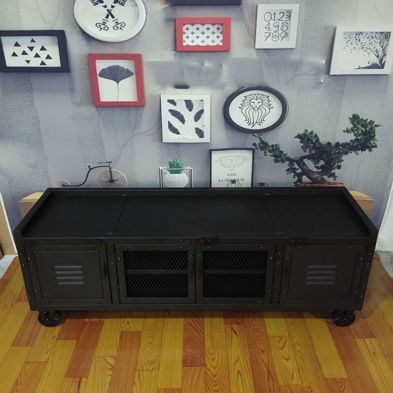 Metal Black TV Cabinet Industrial Style Home TV Stand Console with Casters