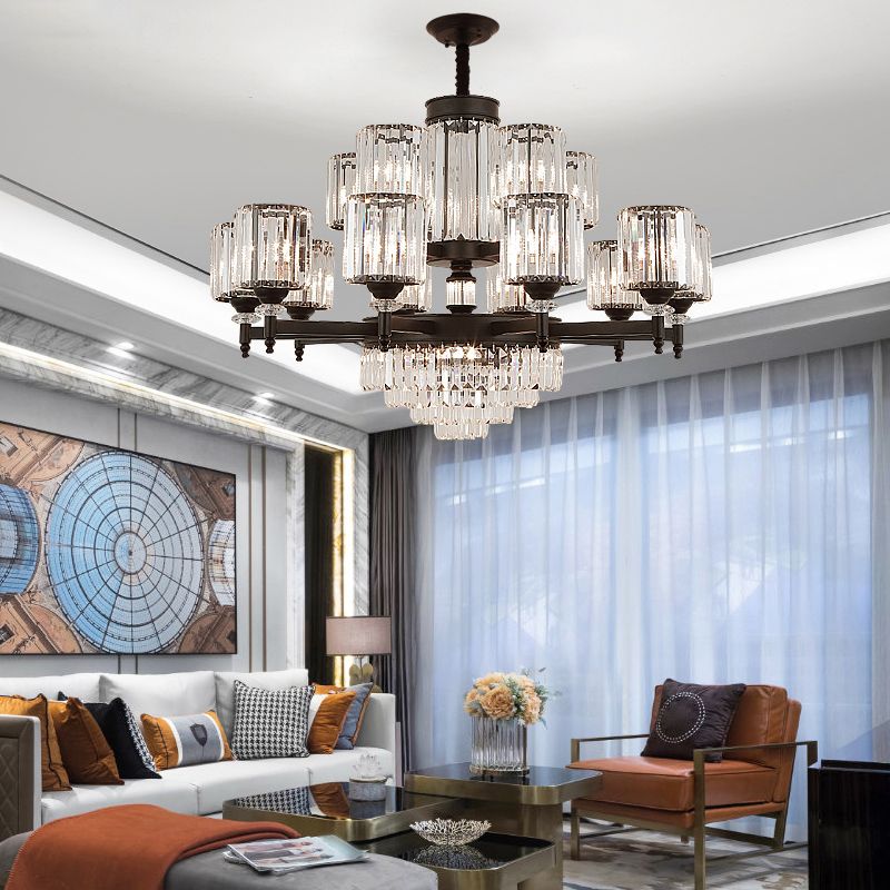 Black Chandelier Lighting Vintage Rectangular-Cut Crystal Cylinder Ceiling Light Fixture