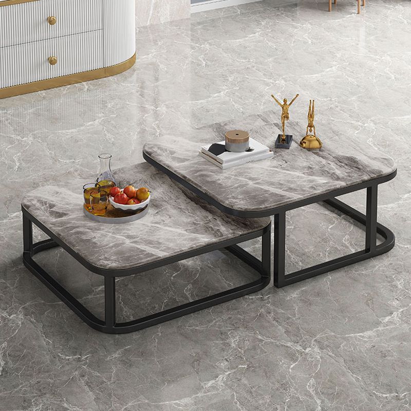 2 Pieces Stone Coffee Table Square Frame Cocktail Table Set with Storage