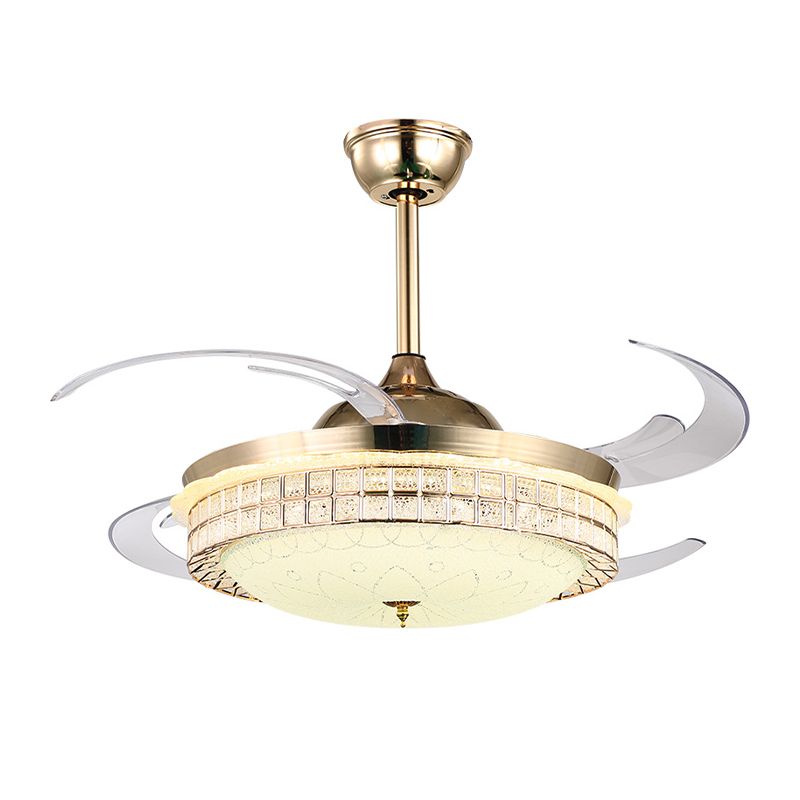 GOLD-Finish Semi Flush Light mit Lüfter Moderne LED 8-Blatt 6-Wind-Geschwindigkeit Downrod Deckenventilator mit Kuppel Acrylschatten