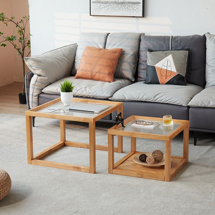 Modern Glass Top Coffee Table Square Natural Wood Cocktail Table