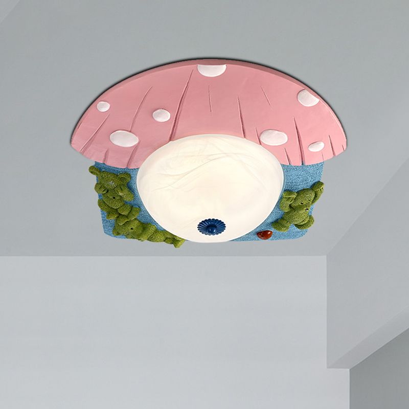 Cartoon Bear Apparecchio Montato a Soffitto Resina LED Kids-Room Illuminazione a Flush in Rosso/Blu con Cupola Bianco Vetro Shade