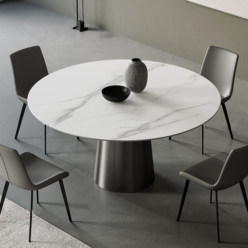 Round Stone Dining Table Modern White Furniture with Pedestal Base for Home