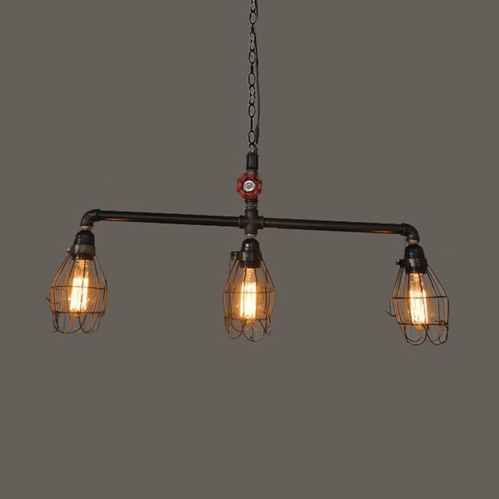Small Cage Iron Pendant Lighting Industrial 3 Heads Dining Room Bronze Island Light Fixture with Red Valve