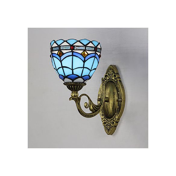 Nautical Wall Sconce with Dome/Swallow-Tail Shape Stained Glass 1 Light Wall Mount Light in Blue