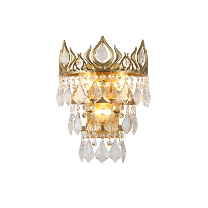 3 Bulbs Crown Shape Sconce Light Fixture Contemporary Brass Crystal Drip Wall Lamp
