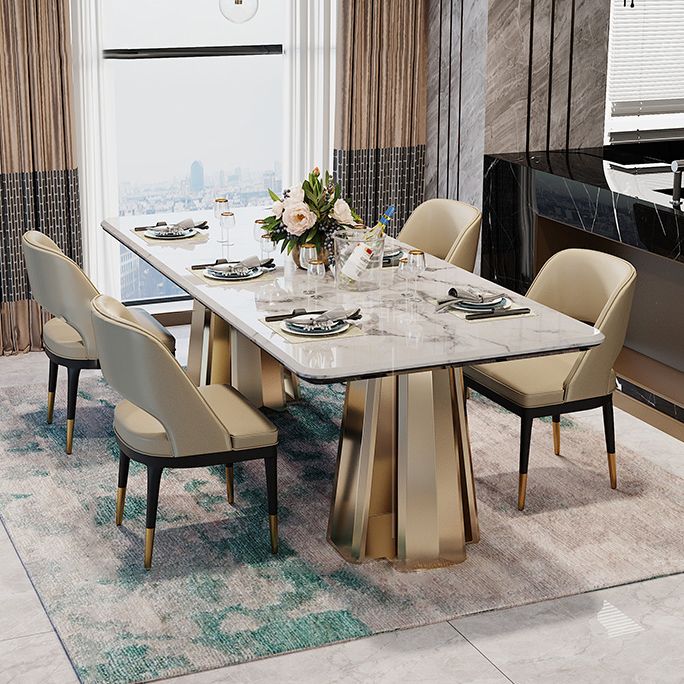 Minimalist Style Marble Dining Set with Traditional Height Table and Double Pedestal Base