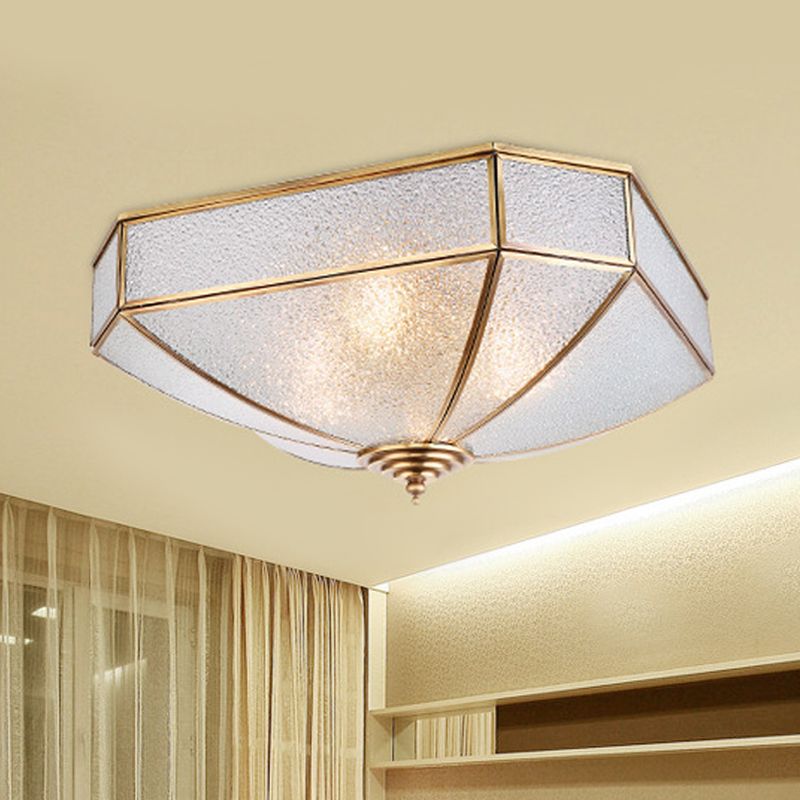 4 Bulbs Square Flush Light Traditionary Water Glass Ceiling Mounted Fixture in Brass for Bedroom