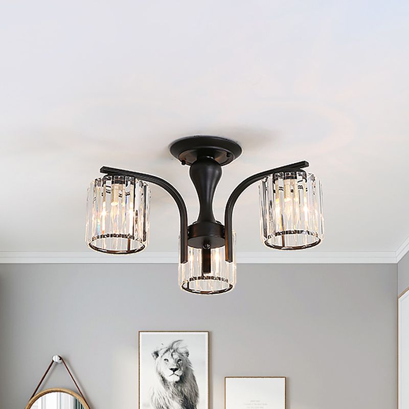 Lámpara cilíndrica de montaje semiempotrado con pantalla de cristal, metal nórdico, 3/5 luces, lámpara de techo negra