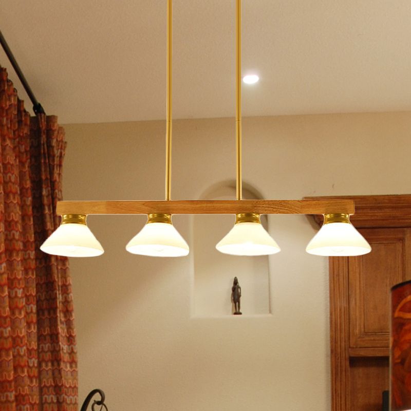 Wooden Cone Shade Island Chandelier 3/4 Heads Nordic Style Linear Pendant Light over Kitchen Island