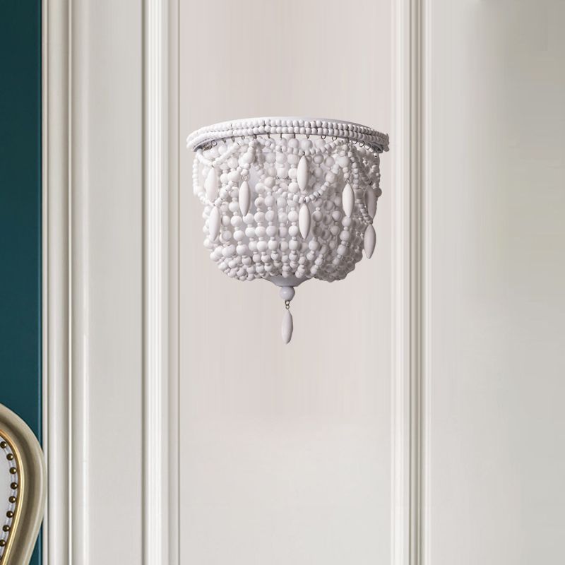 1 Light Bedroom Wall Mount Lighting Traditional White Sconce Light Fixture with Basket Wood Shade