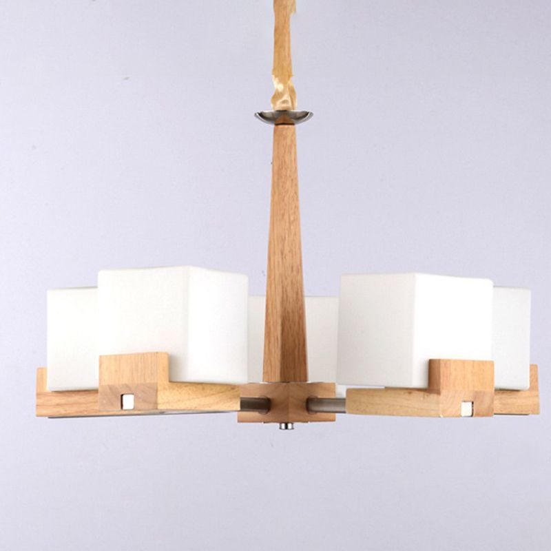 Modern Singularity Radial Pendant Light Wooden Indoor Chandelier with White Frosted Glass Shade