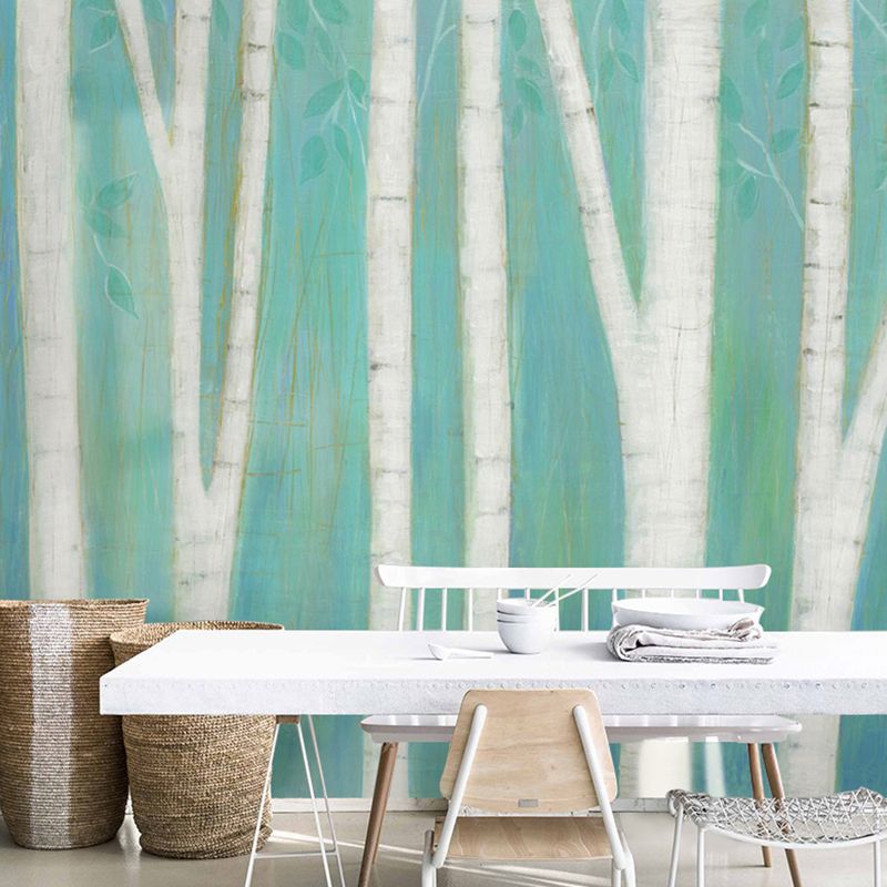 Contemporary Wall Art Green and Blue Birch Tree Mural Wallpaper, Personalized Size Available