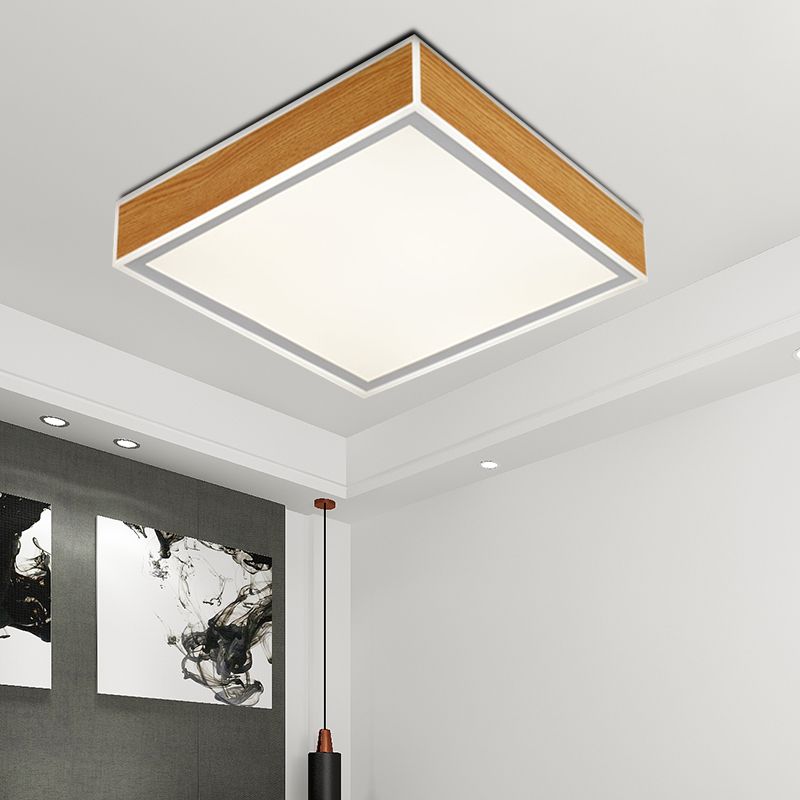 Squared Wood Ceiling Mounted Fixture Modern LED Beige Flushmount Lighting in White/Warm Light