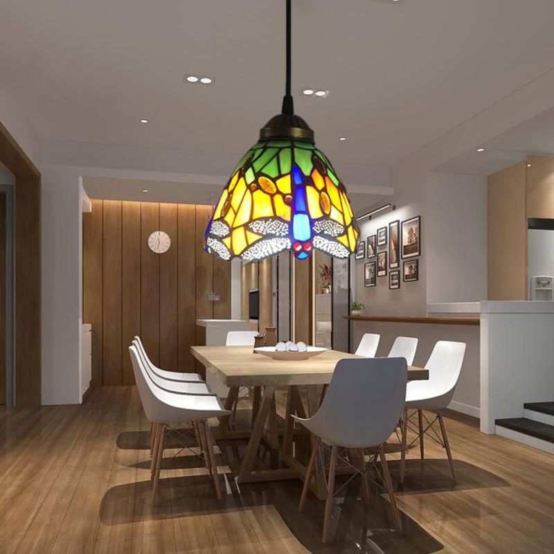 Bell Stained Glass Hanging Pendant Light Baroque 1-Bulb Drop Lamp with Dragonfly Pattern