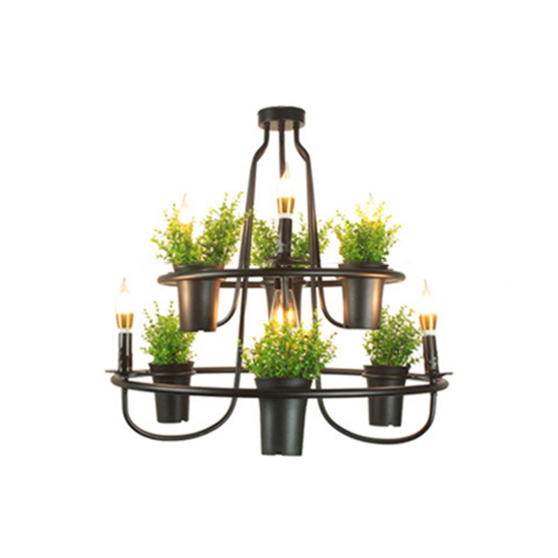 Green Artificial Pot Plant Pendant Lighting Industrial Metal 3 Bulbs Restaurant Chandelier