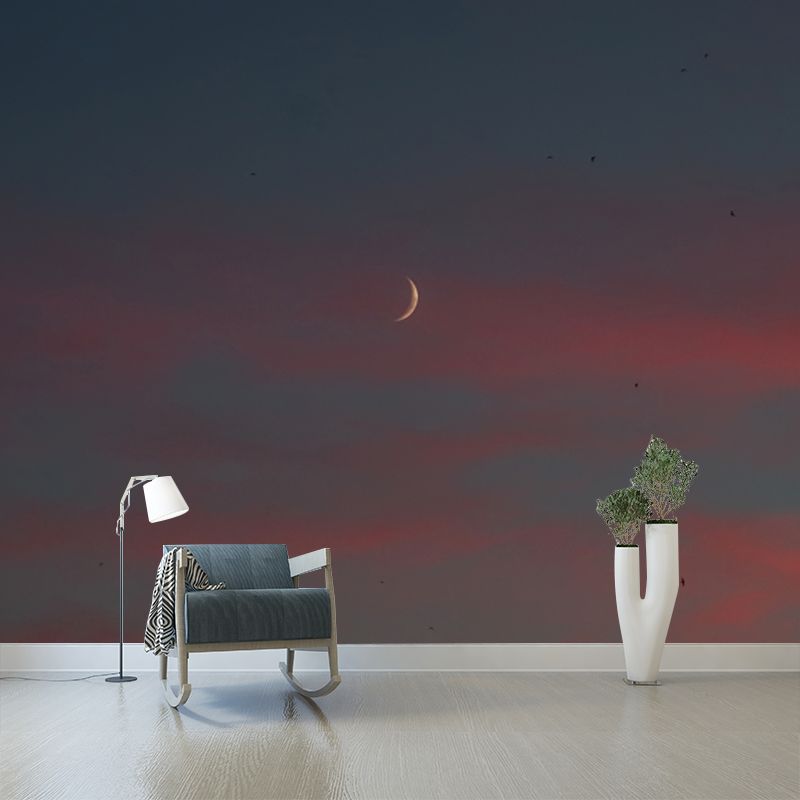 Big Dusk New Moon Mural Blue-Yellow Non-Woven Fabric Wall Art, Stain Resistant, Custom Made