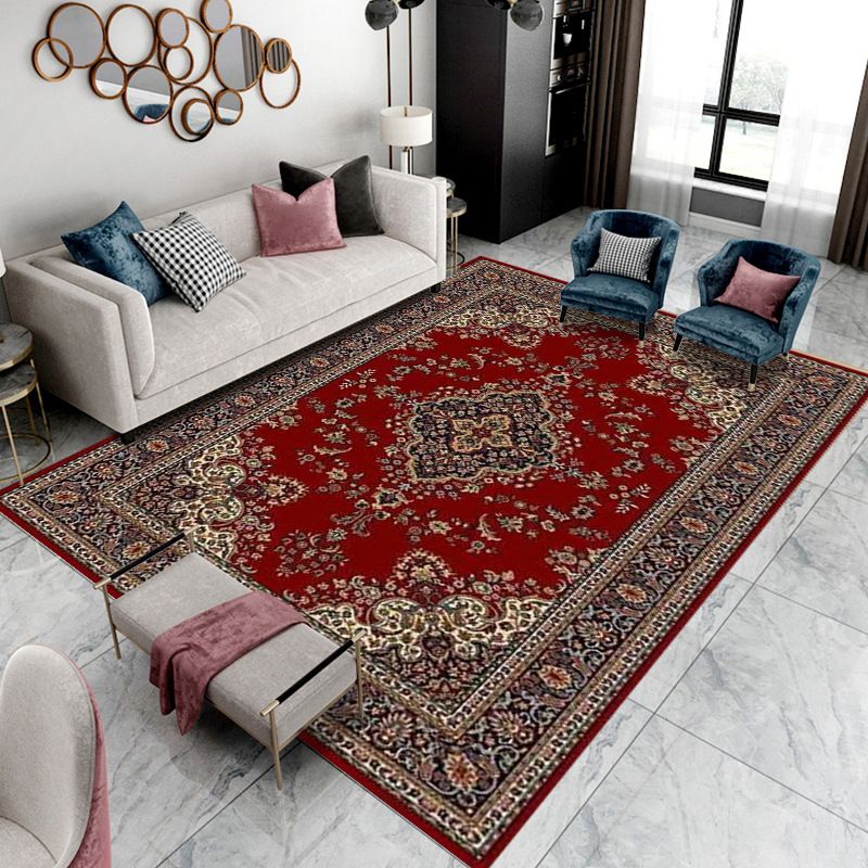 Wine Red Bohemian Rug Polyester Graphic Rug Non-Slip Backing Rug for Home Decoration