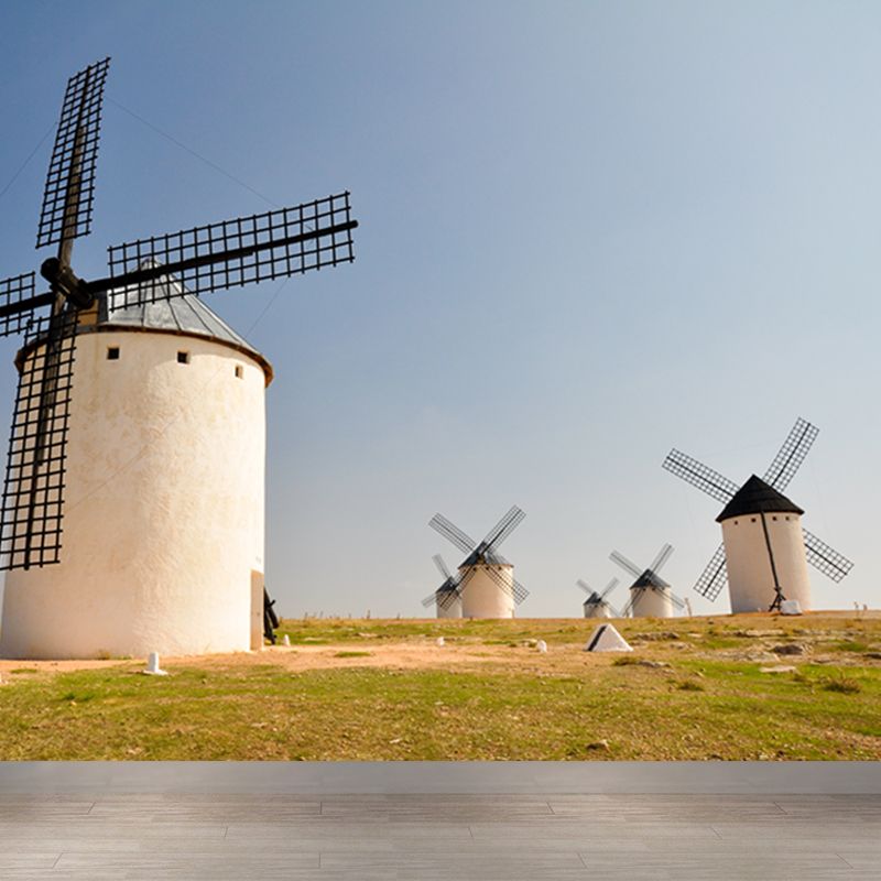 Romantic Windmill Scene Mural Decal for Girls Bedroom, Blue, Custom Size Available