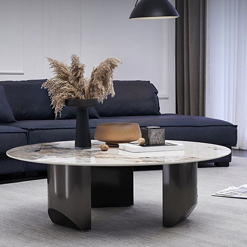 Stone Top Coffee Table with 3 Metal Legs 15.75 Inch High for Living Room