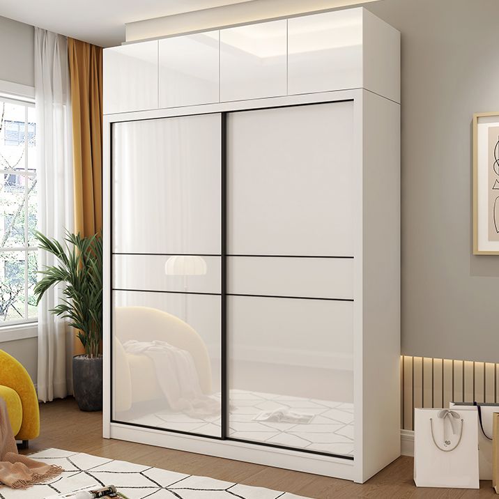 White Mirrored Finish Wardrobe Cabinet Modern Engineered Wood Wardrobe