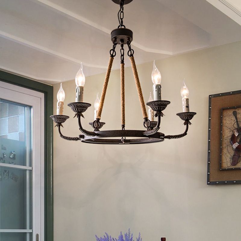 Candélabre salon lustre rétro métallique de la rouille du pendentif éclairage avec corde de chanvre