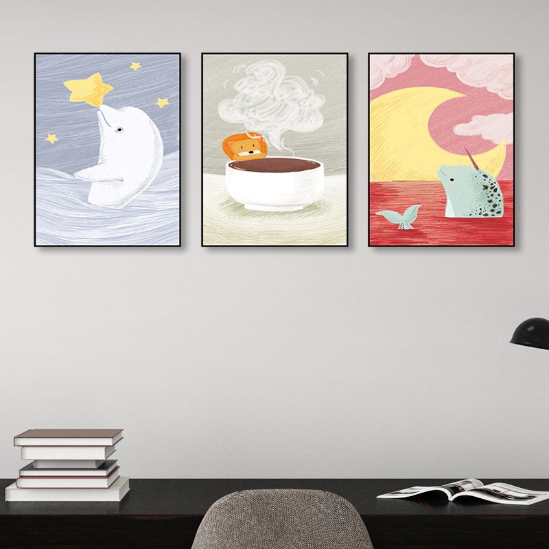 White Animal View Painting Illustraction Children's Art Textured Canvas for Sitting Room