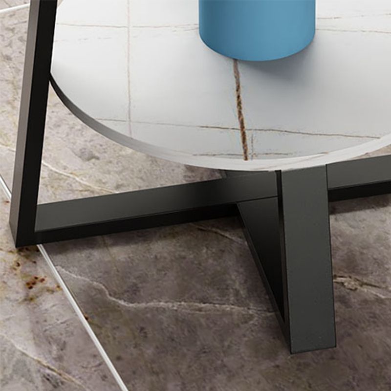 Round Slate Top Side Table 23.6" Tall Iron Cross Legs End Table with Shelf
