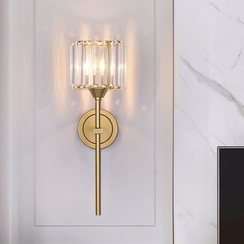 Simplicity Cylindrical Wall Lamp 1 Head Clear Crystal Block Sconce in Gold with Pencil Arm